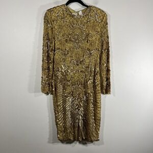 Vtg Lillie Rubin Dress Womens S Metallic Gold Beaded Sequin Art Deco 20s Party